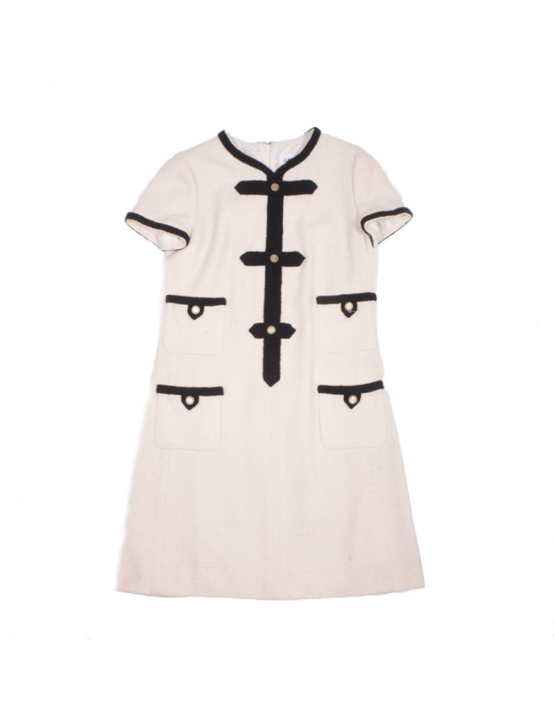 CHANEL T 38 EN ivory and black tweed dress