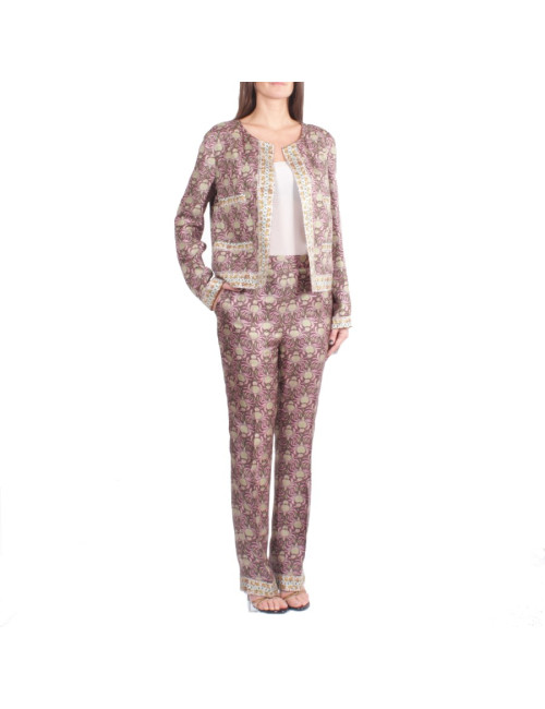 Ensemble veste et pantalon ROCHAS T 44 IT/ 40 FR en soie imprimé rose et marron
