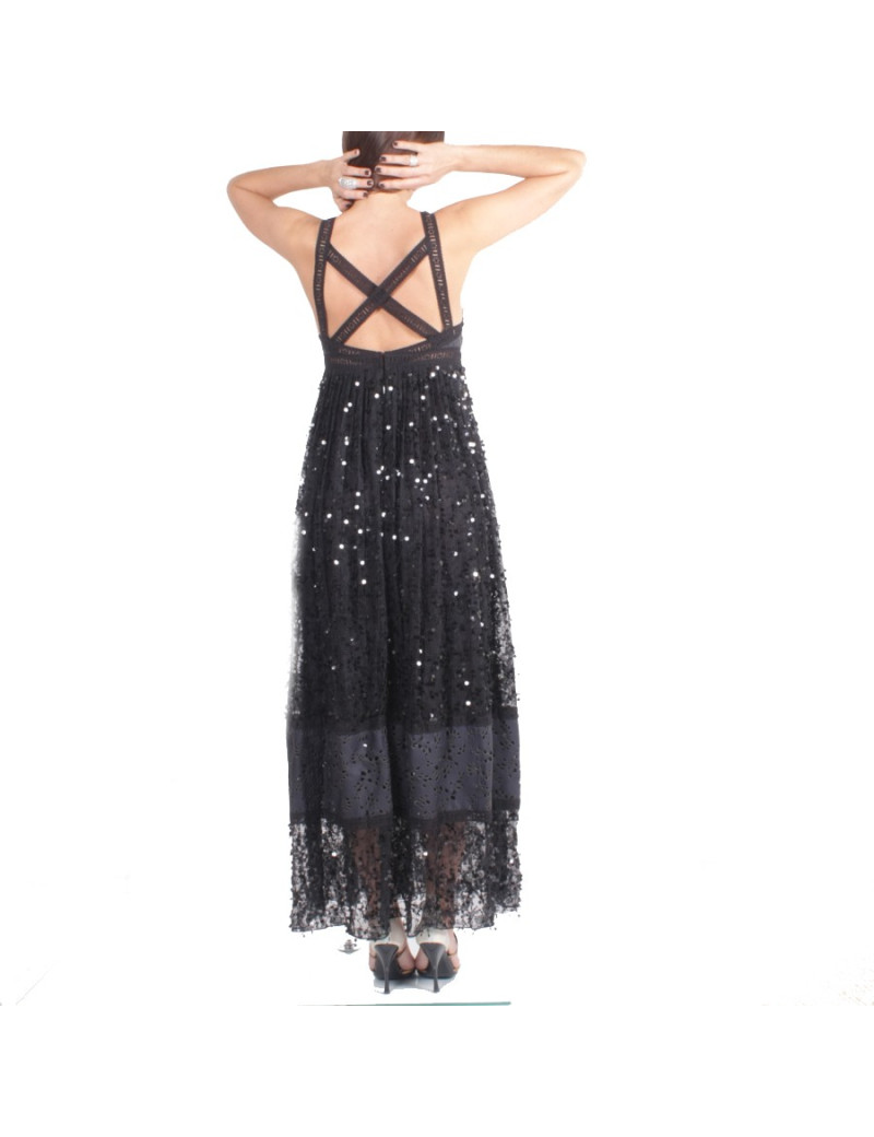 Robe du soir CHANEL  T 36 noire en soie et cuir 