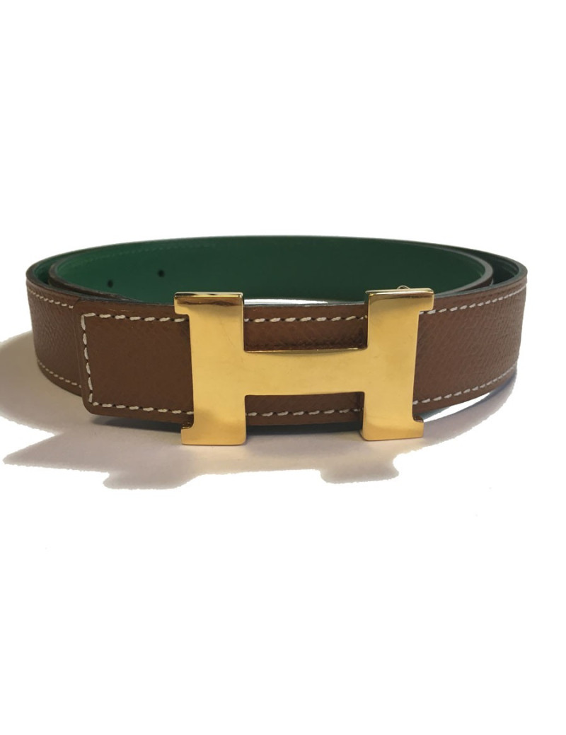 xxx Ceinture HERMÈS réversible en cuir grainé marron et vert Taille 70