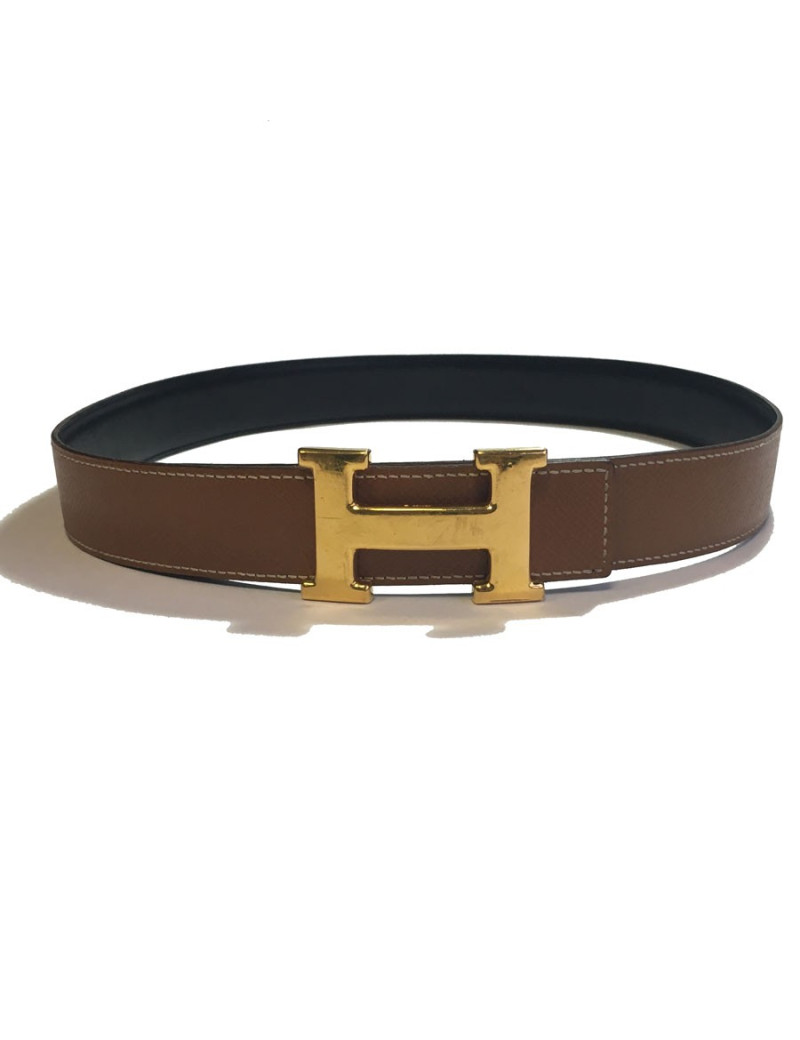 Ceinture H HERMES T76 réversible en cuir gold et marron