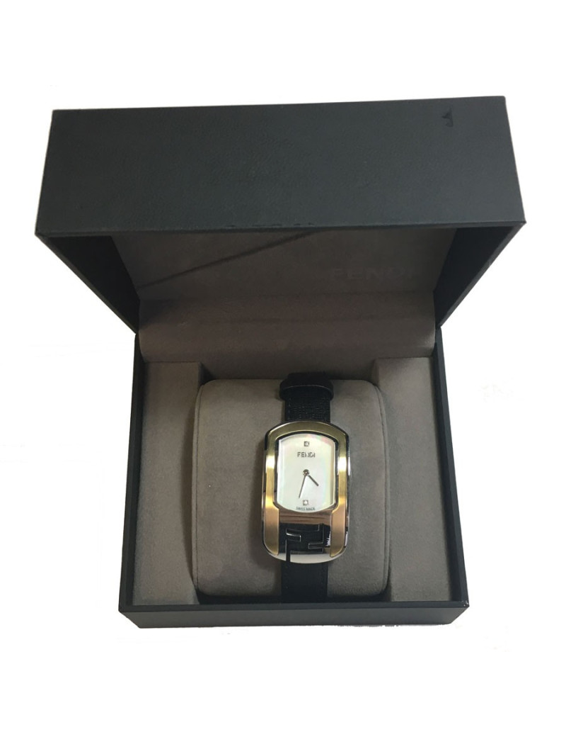 Montre FENDI collection Caméléon en cuir noir et métal doré