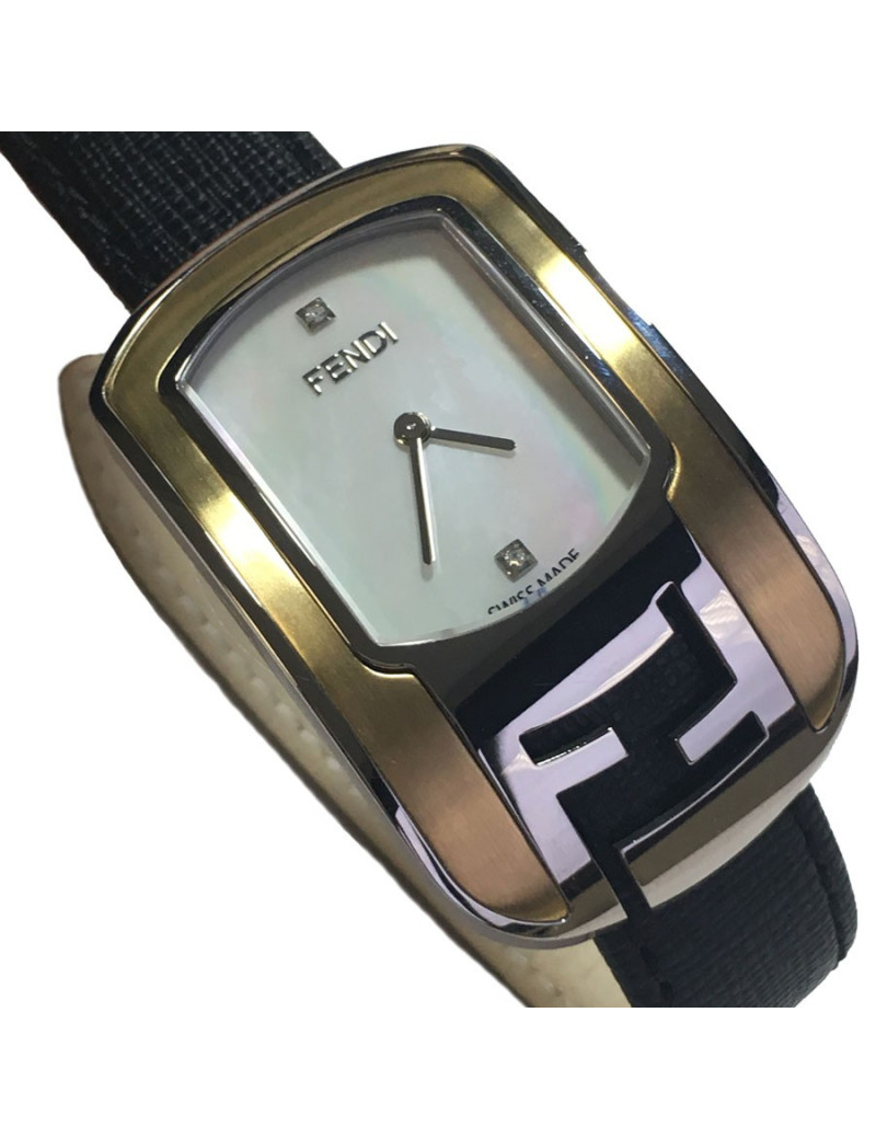 Montre FENDI collection Caméléon en cuir noir et métal doré