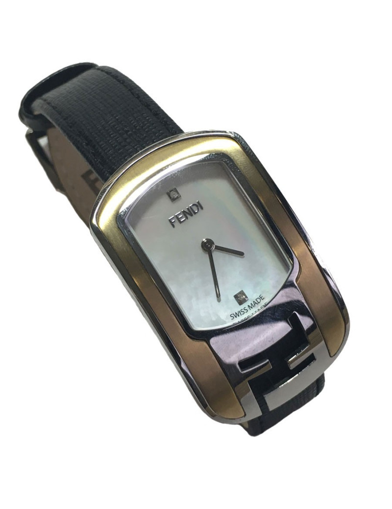 Montre FENDI collection Caméléon en cuir noir et métal doré