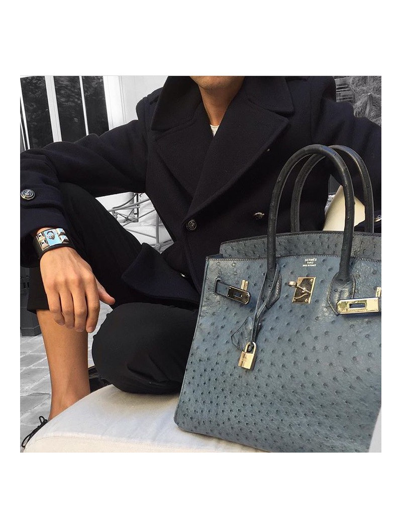 Sac Birkin 35 autruche bleu jean's