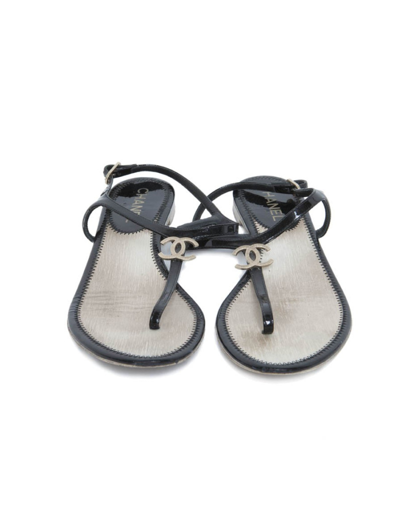 Sandales CHANEL T 39.5 noire interieur lamé