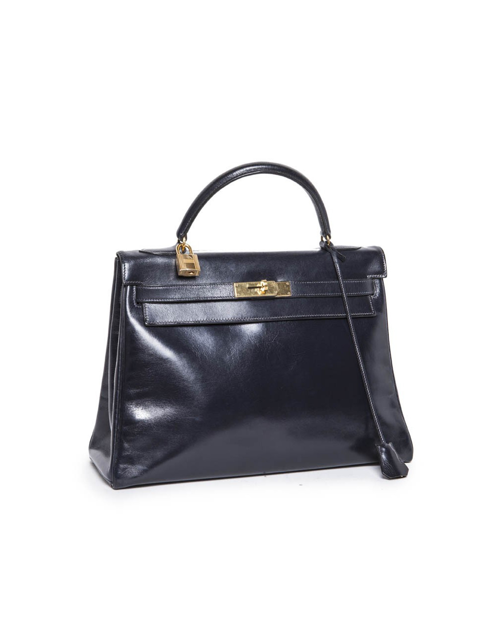 Sac Kelly 32 HERMES vintage cuir box bleu marine