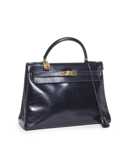 Sac Kelly 32 HERMES vintage cuir box bleu marine