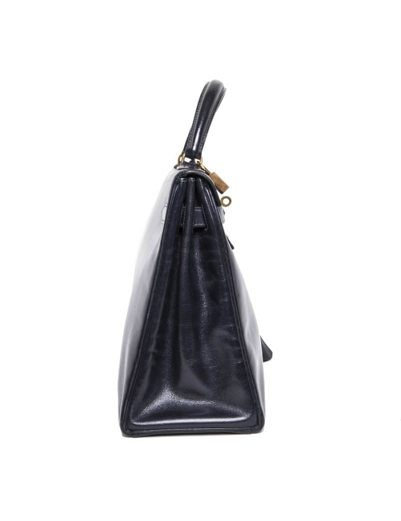 Sac Kelly 32 HERMES vintage cuir box bleu marine