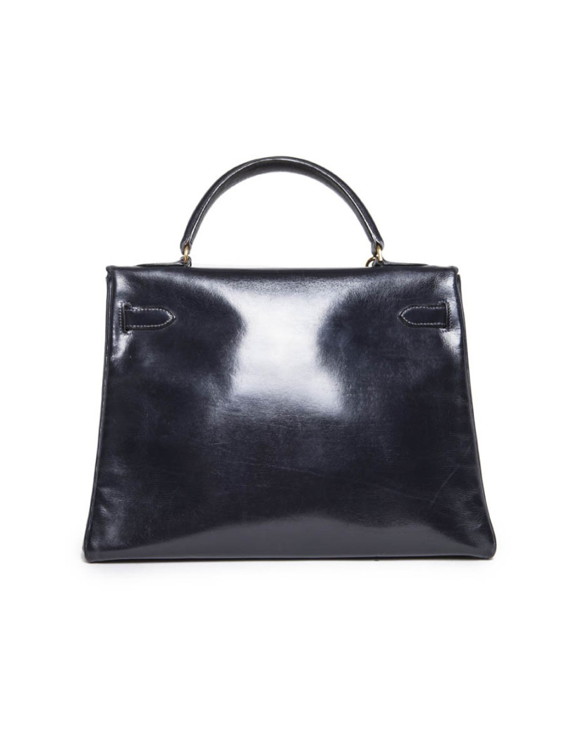 Sac Kelly 32 HERMES vintage cuir box bleu marine