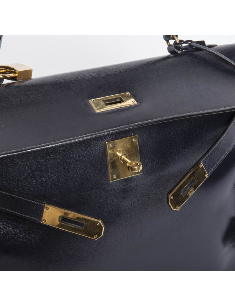 Bag Kelly 32 HERMES leather blue box vintage Navy