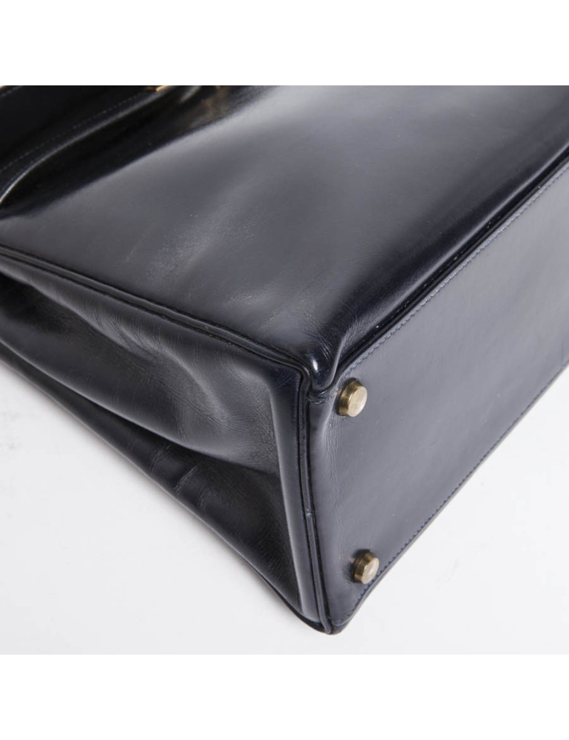 Sac Kelly 32 HERMES vintage cuir box bleu marine