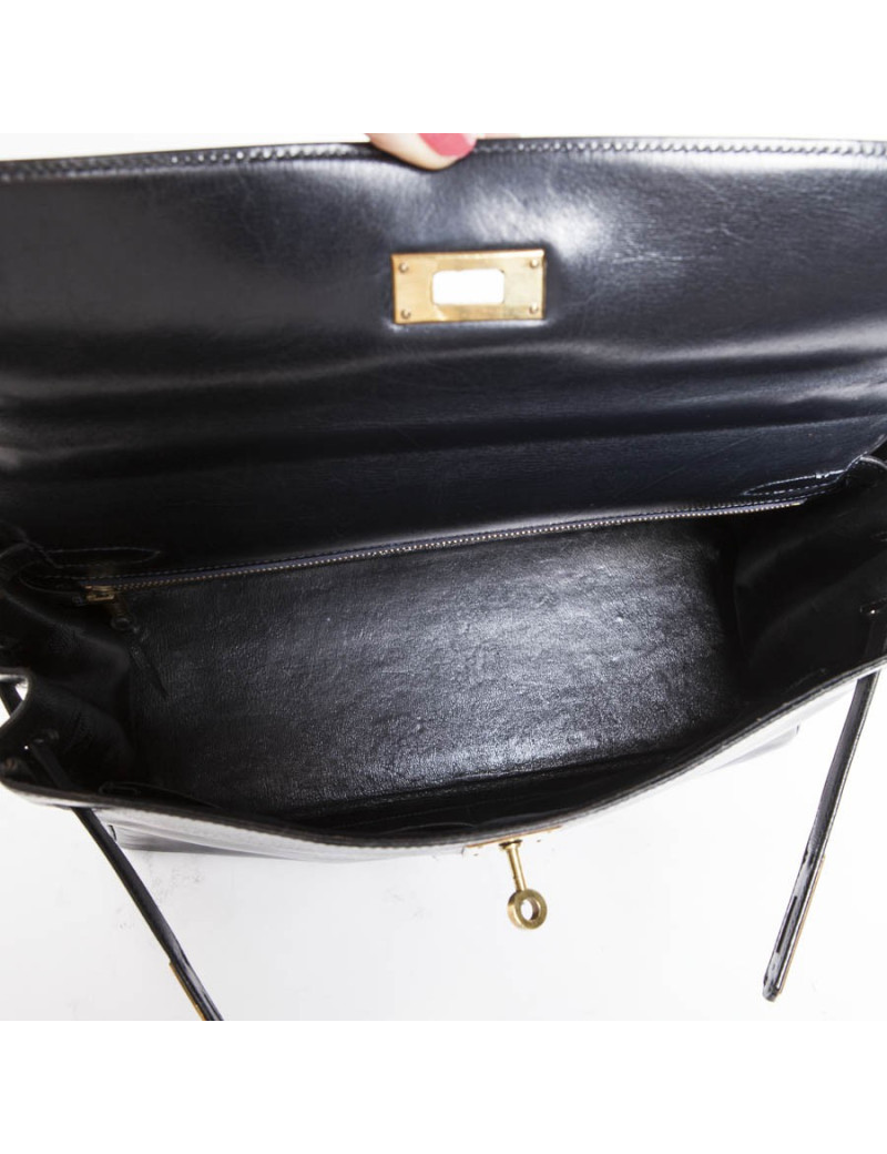 Sac Kelly 32 HERMES vintage cuir box bleu marine