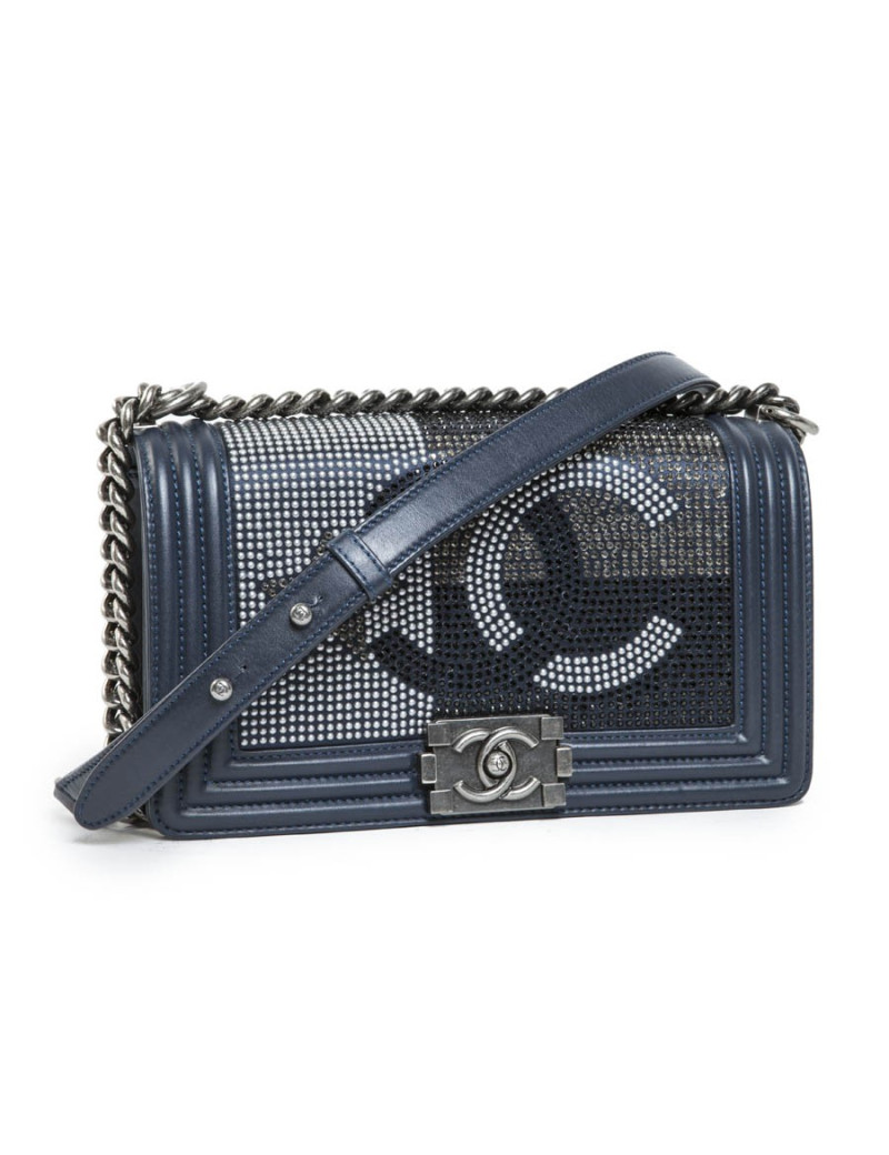 Sac Boy CHANEL bleu marine strass