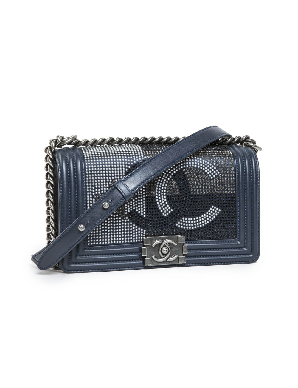 Sac Boy CHANEL bleu marine strass