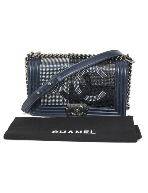 Sac Boy CHANEL bleu marine strass