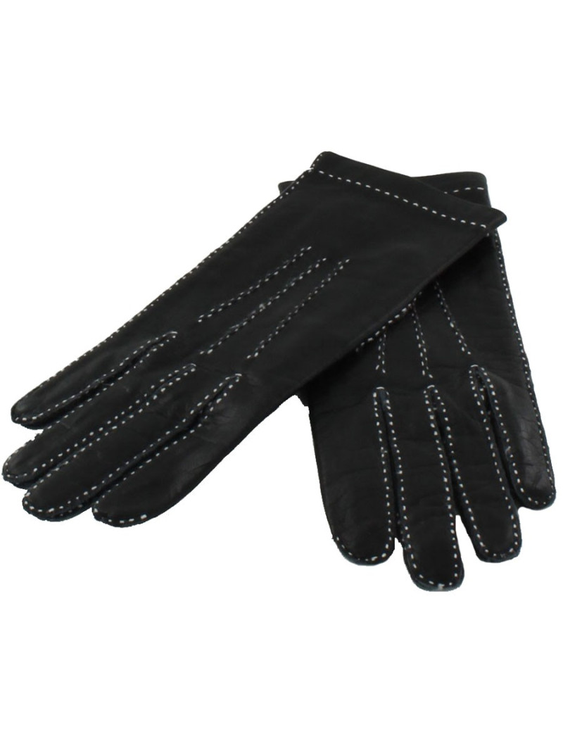 Gants HERMES en cuir lisse noir surpiqûres blanches