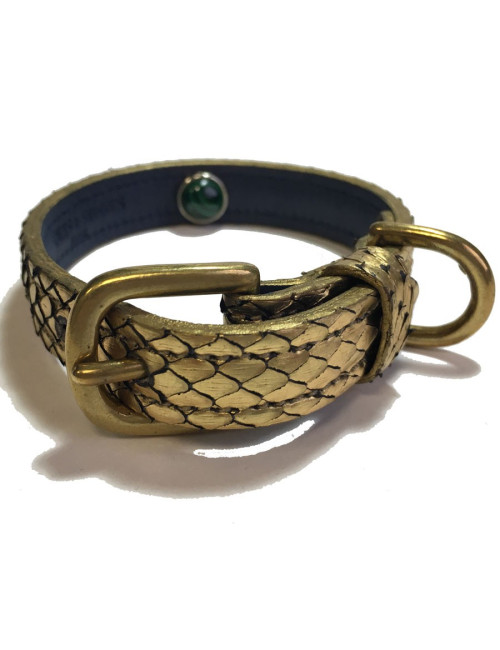 Collier et laisse de chien PETS & STONES en python laminé or et cuir bleu végétal