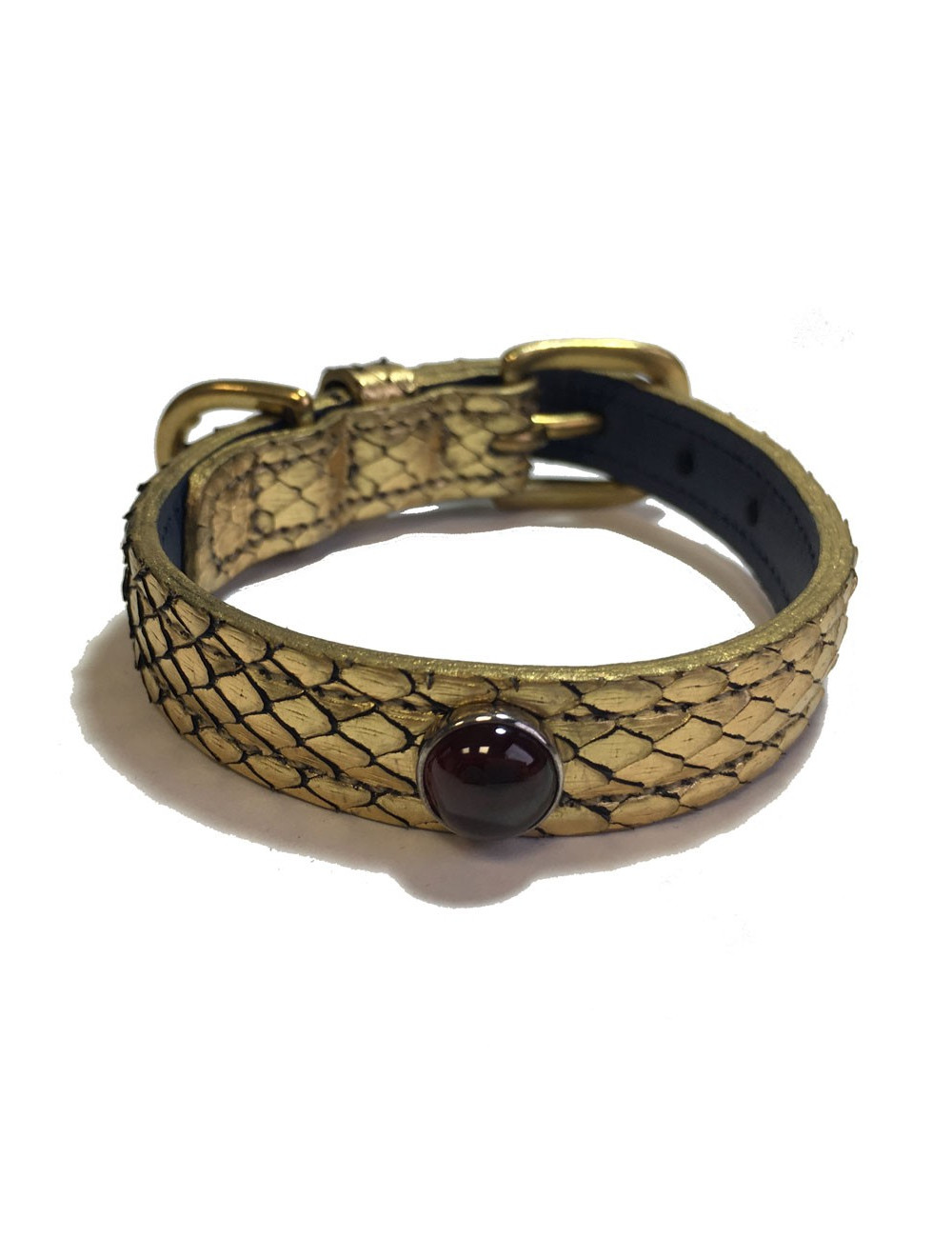 Collier et laisse de chien PETS & STONES en python laminé or et cuir bleu végétal