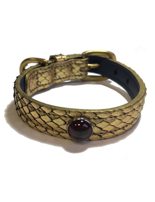 Collier et laisse de chien PETS & STONES en python laminé or et cuir bleu végétal