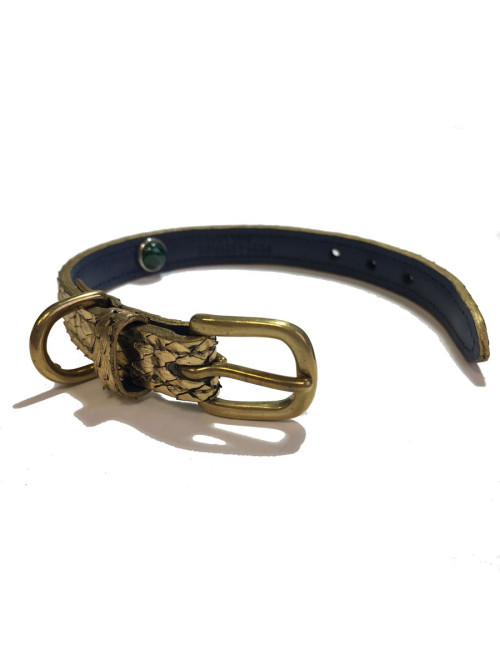 Collier et laisse de chien PETS & STONES en python laminé or et cuir bleu végétal