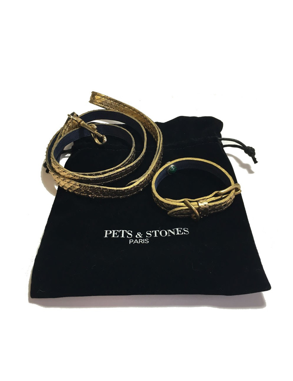 Collier et laisse de chien PETS & STONES en python laminé or et cuir bleu végétal