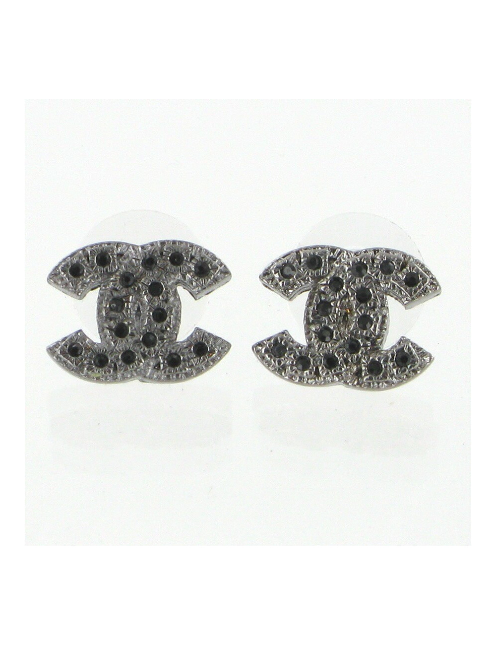 Clous d'oreilles CC ruthénium et strass noirs CHANEL