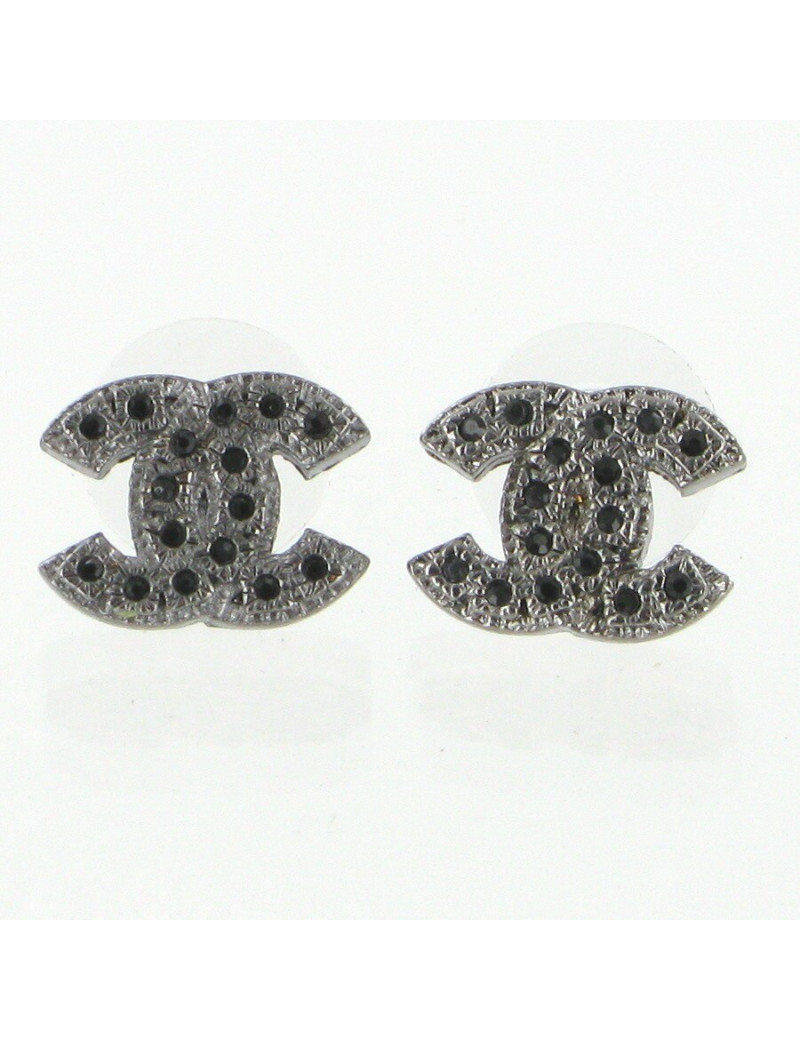 Clous d'oreilles CC ruthénium et strass noirs CHANEL
