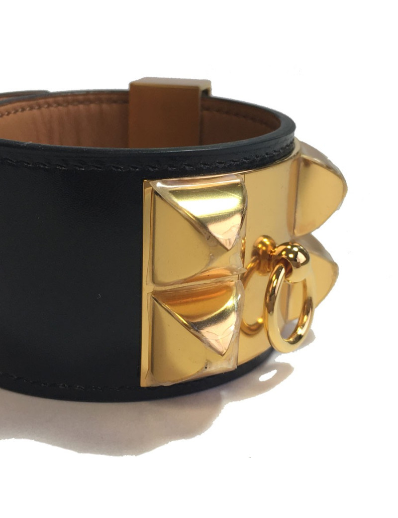 Manchette MEDOR HERMES en cuir box veau noir et bijouterie laiton plaqué or