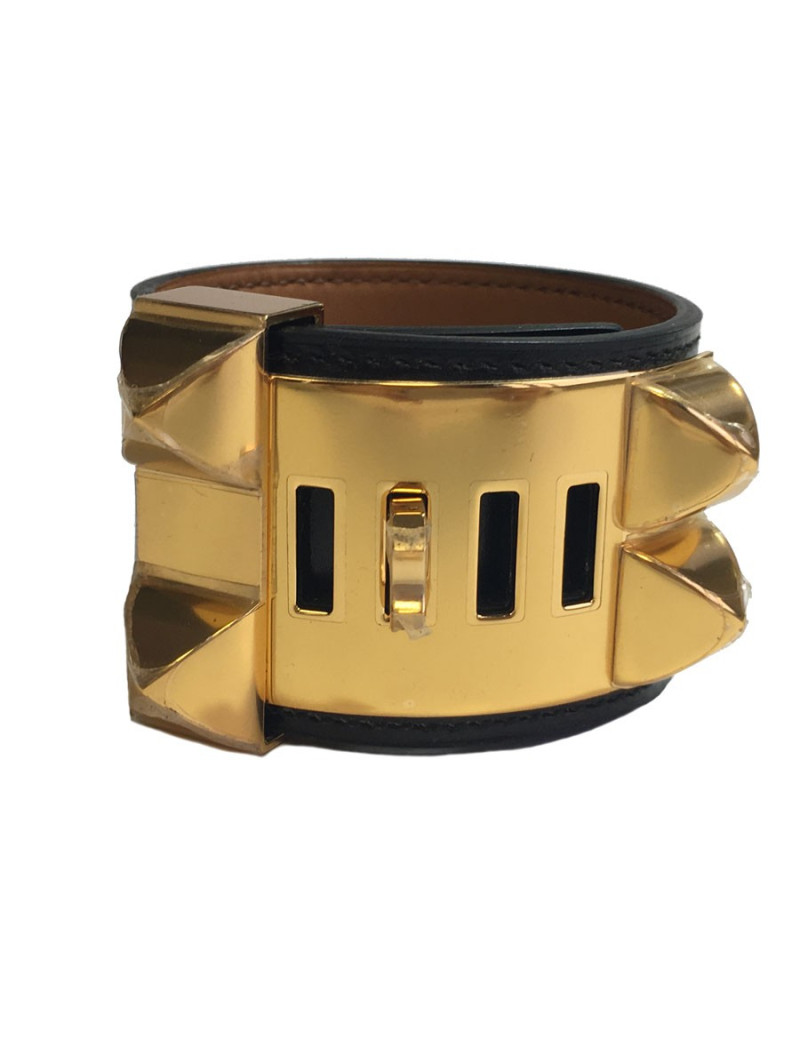 Manchette MEDOR HERMES en cuir box veau noir et bijouterie laiton plaqué or