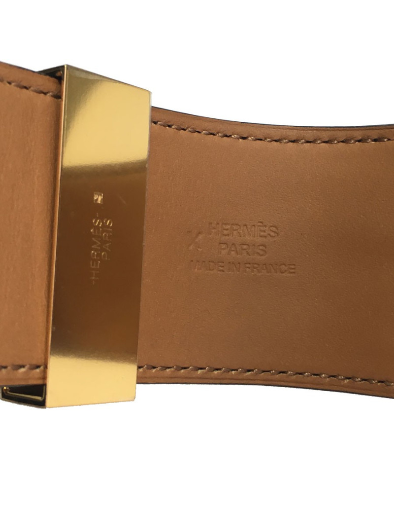 Manchette MEDOR HERMES en cuir box veau noir et bijouterie laiton plaqué or