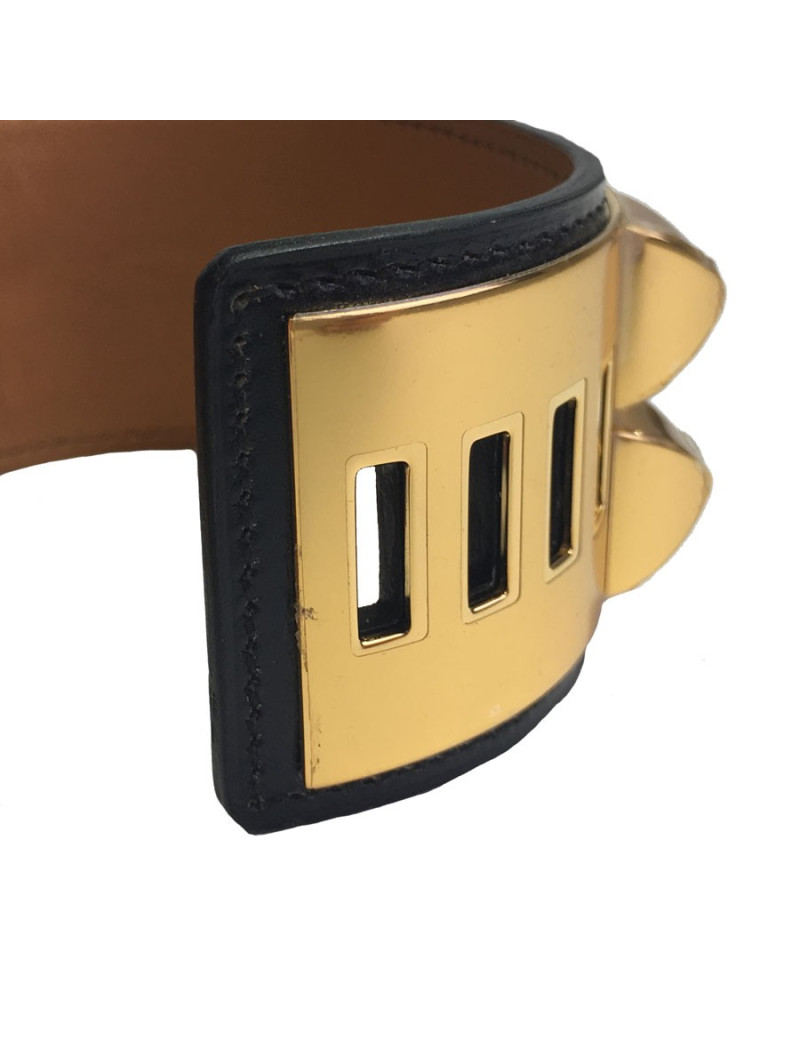 Manchette MEDOR HERMES en cuir box veau noir et bijouterie laiton plaqué or