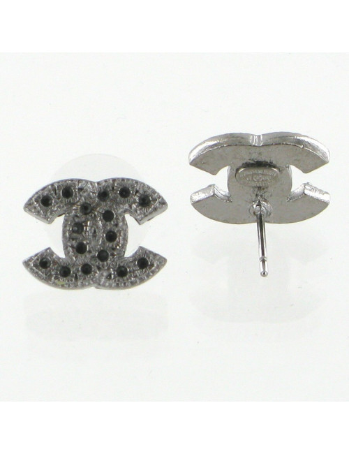 Clous d'oreilles CC ruthénium et strass noirs CHANEL