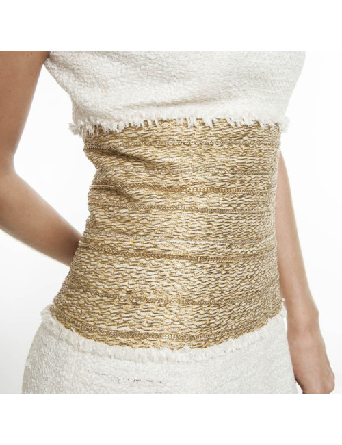 Robe CHANEL T 36 tweed crème broderies chaines dorées