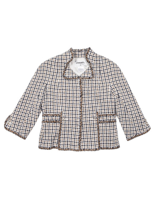 Veste CHANEL T 42 pied de poule beige et bleu