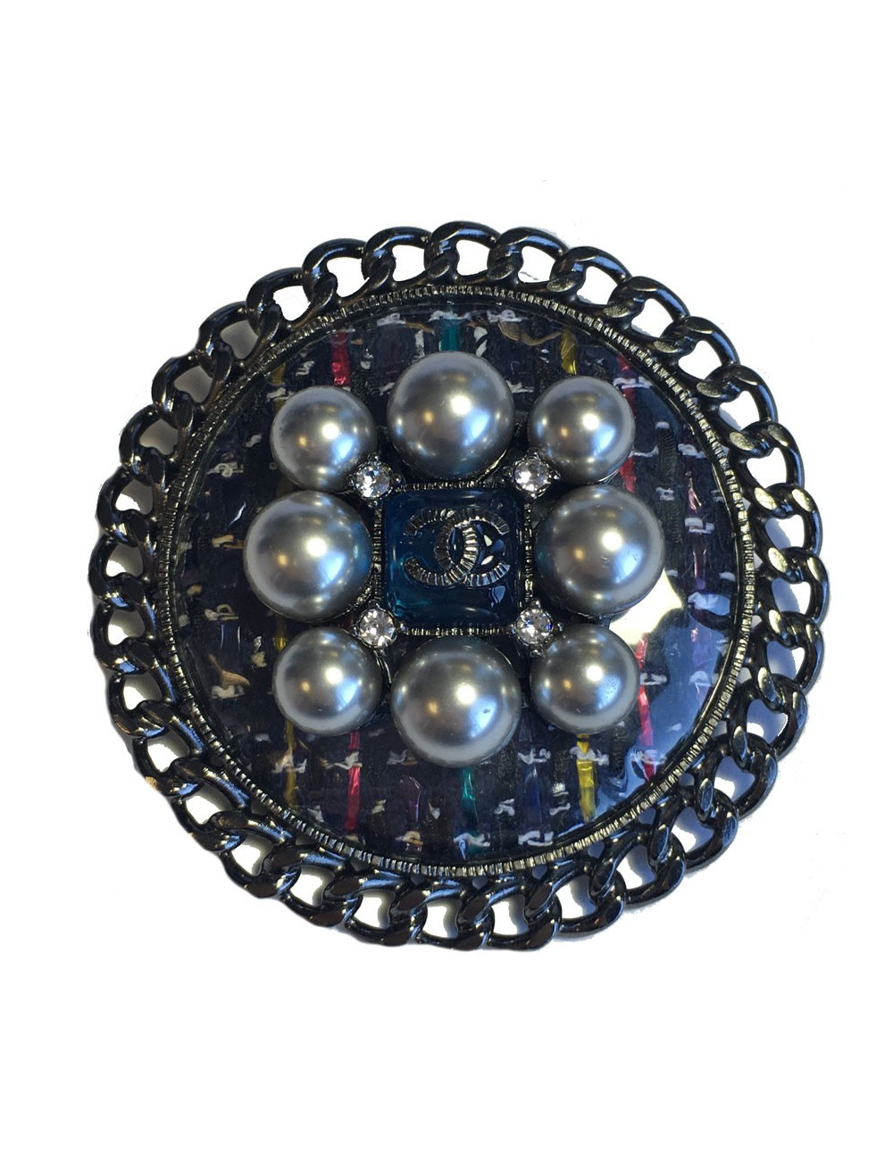 Broche CHANEL couture en ruthénium, tweed et perles grises et strass