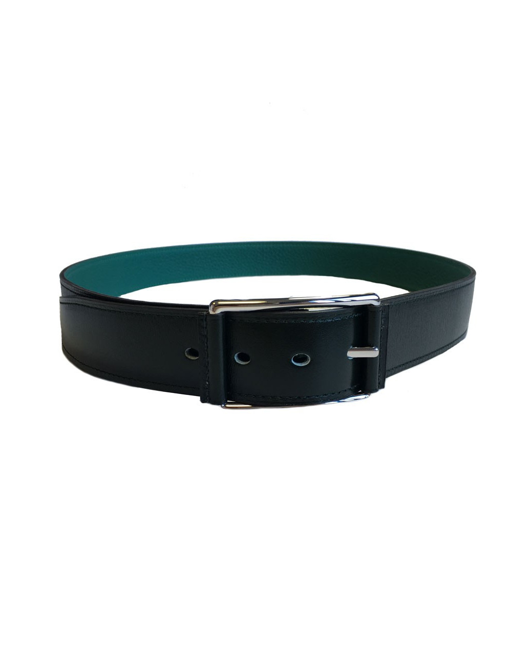 Ceinture HERMES "Hop" en veau box et togo vert foncé et boucle en laiton palladié T90