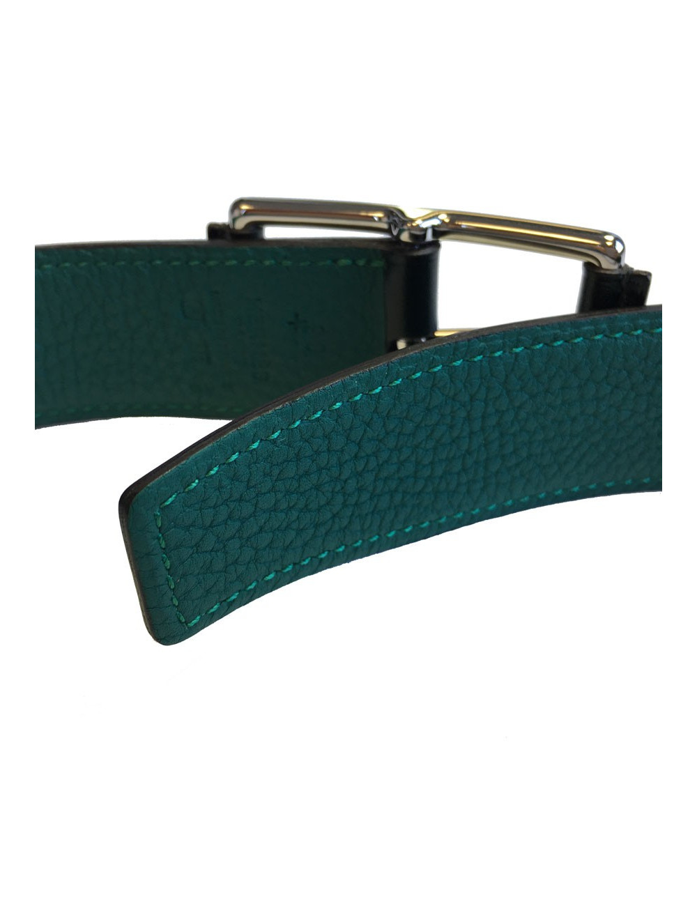 Ceinture HERMES "Hop" en veau box et togo vert foncé et boucle en laiton palladié T90