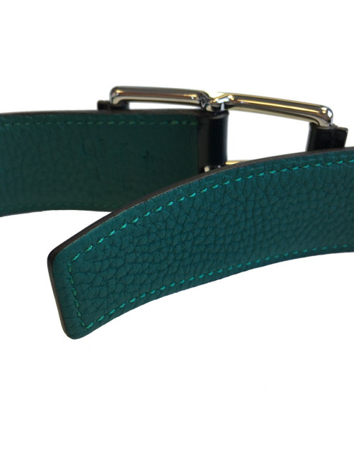 Ceinture HERMES "Hop" en veau box et togo vert foncé et boucle en laiton palladié T90
