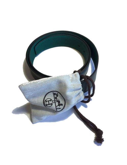 Ceinture HERMES "Hop" en veau box et togo vert foncé et boucle en laiton palladié T90