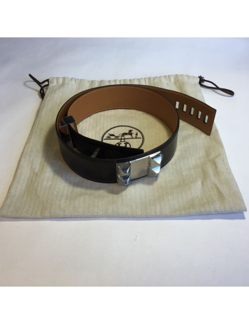 Ceinture CDC HERMES en veau box chocolat et bijouterie palladiée T90