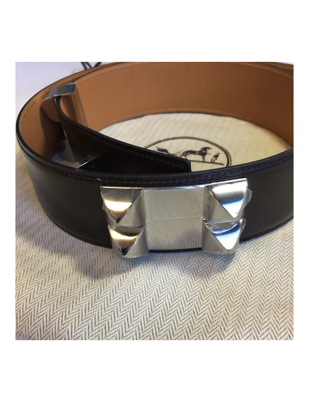 Belt HERMES CDC calf chocolate box and jewelry palladiee T90