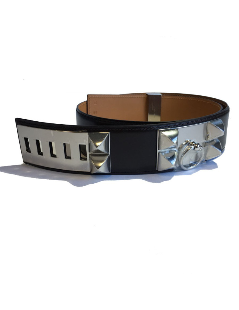 Ceinture CDC HERMES en veau box chocolat et bijouterie palladiée T90
