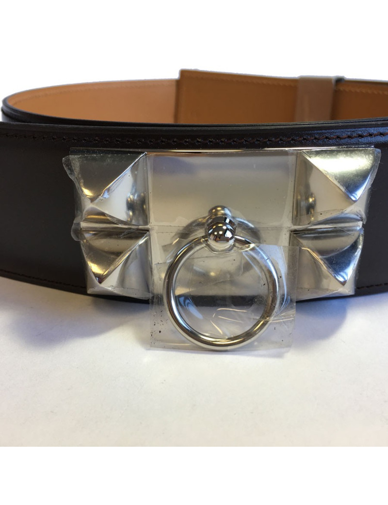 Ceinture CDC HERMES en veau box chocolat et bijouterie palladiée T90