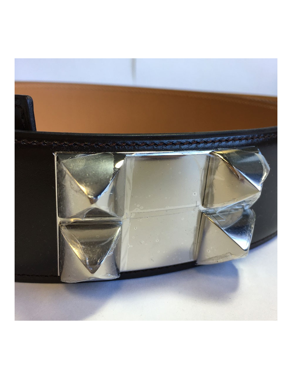 Belt HERMES CDC calf chocolate box and jewelry palladiee T90