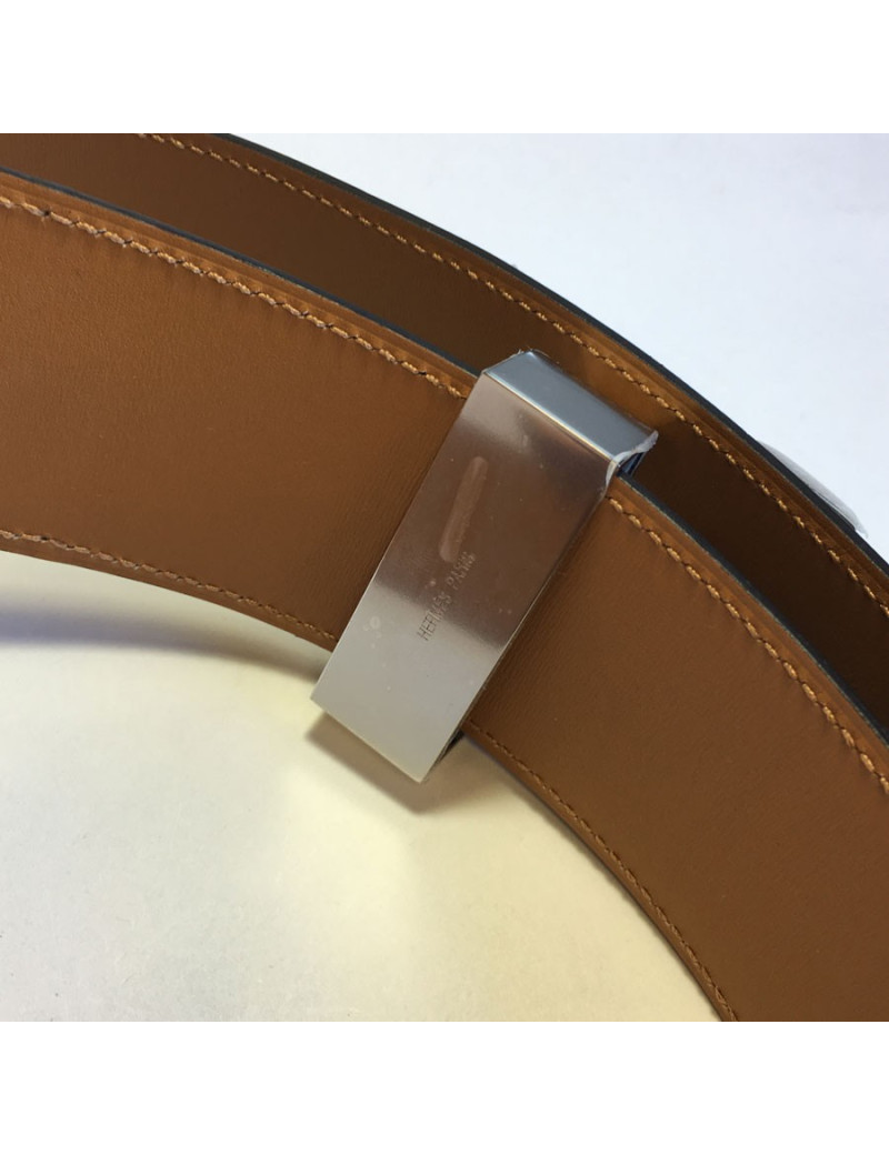 Ceinture CDC HERMES en veau box chocolat et bijouterie palladiée T90