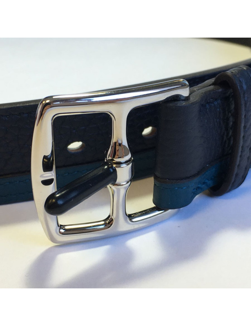 Belt HERMES "Etrivière hypnotic" man in calf-taurillon clemence blue indigo and Mallard