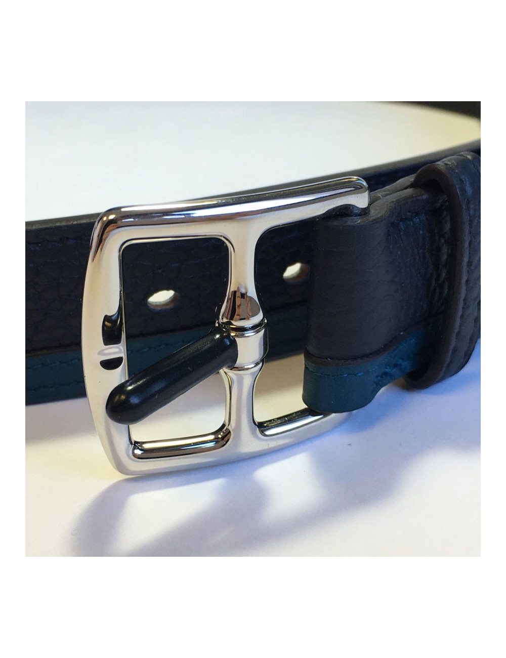 Ceinture HERMES "Etririvière hypnotic" homme en veau taurillon clémence bleu indigo et colvert