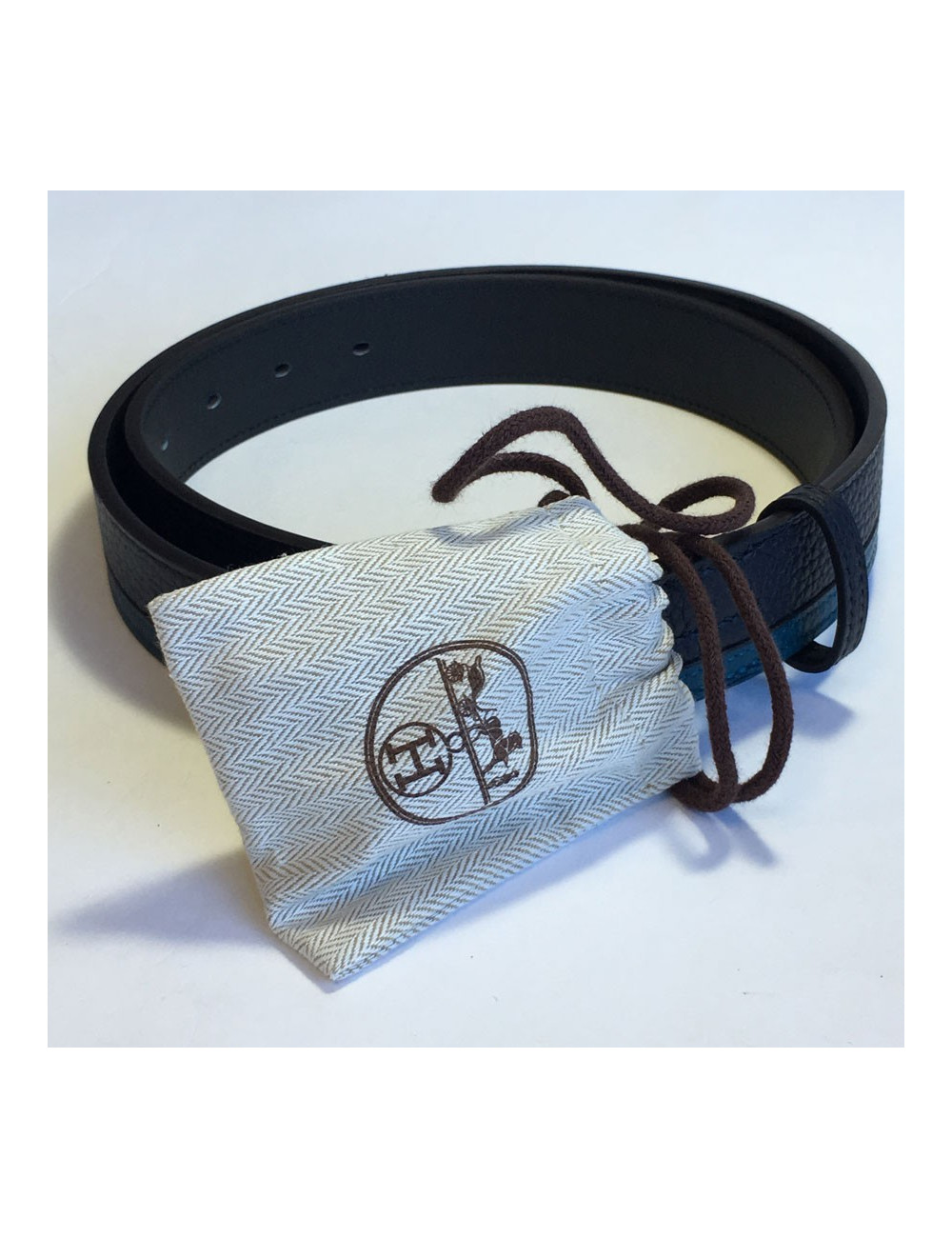 Ceinture HERMES "Etririvière hypnotic" homme en veau taurillon clémence bleu indigo et colvert