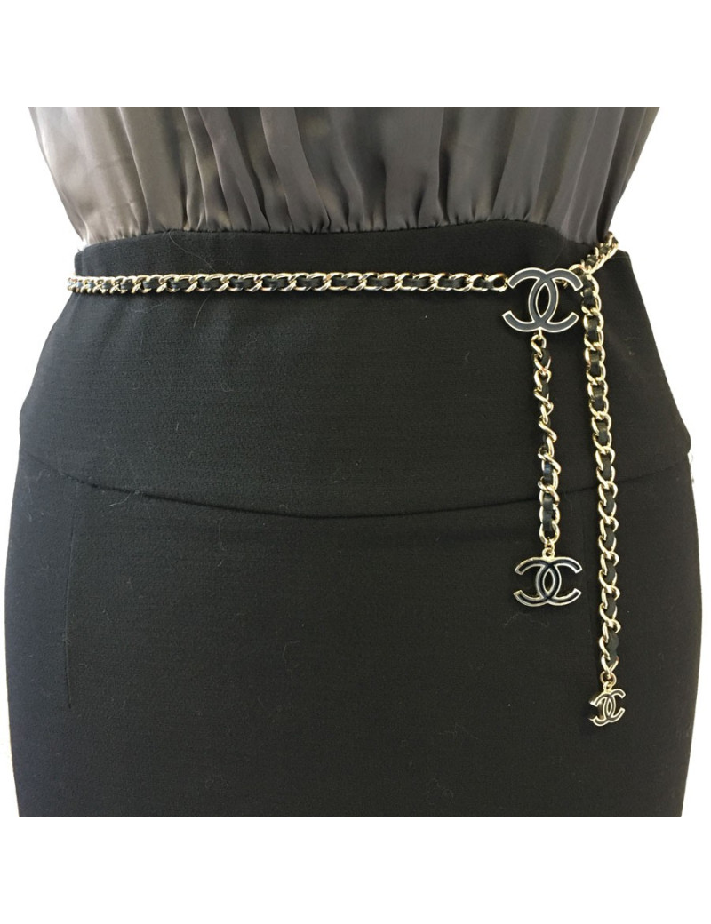 Ceinture CHANEL chaîne en métal doré or pâle et cuir noir T65